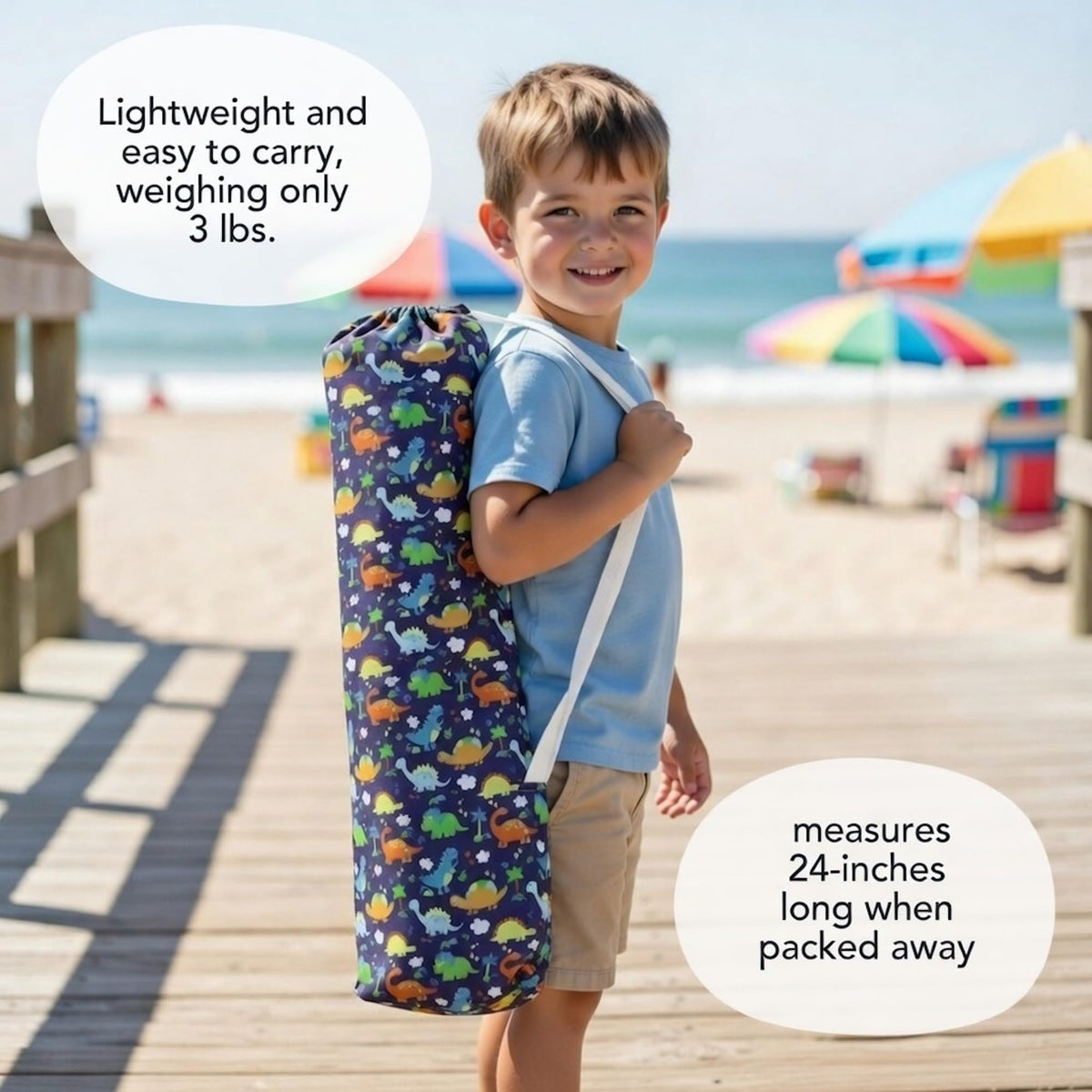 Emily Rose Playful Dinosaurs chair side view, lightweight portability for travel and outdoor adventures.