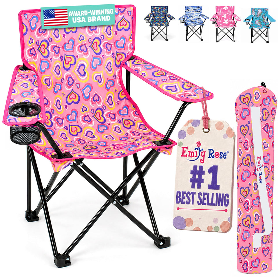 Emily Rose Playful Hearts folding chair open for kids on beach trips.
