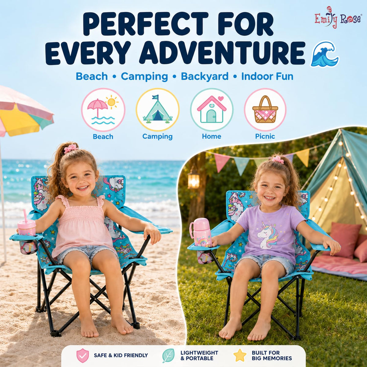 Emily Rose Sea Unicorns chair on the beach ready for seaside adventures