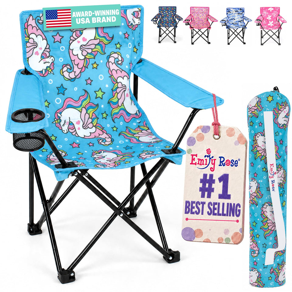 Emily Rose Sea Unicorns folding chair front view with sturdy frame and magical print for kids