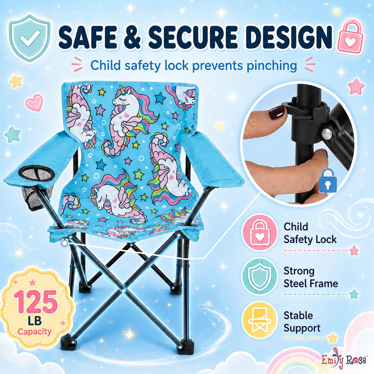 Emily Rose Sea Unicorns chair safety lock protects tiny fingers during setup