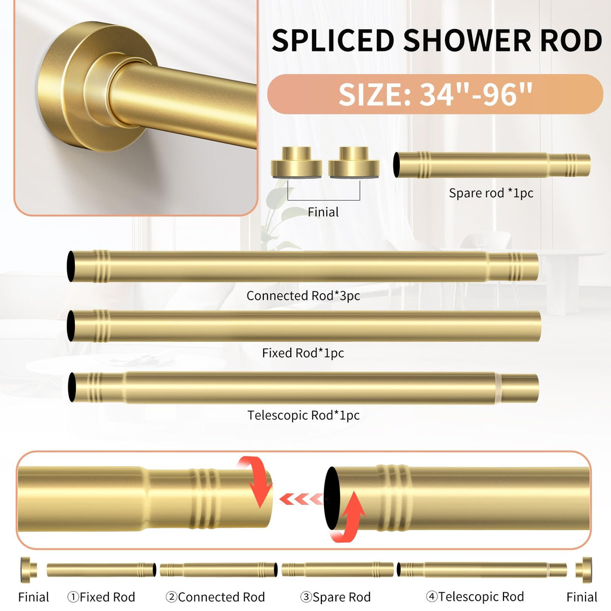 Emlaoe gold shower rod in bathroom use for tidy curtain coverage.
