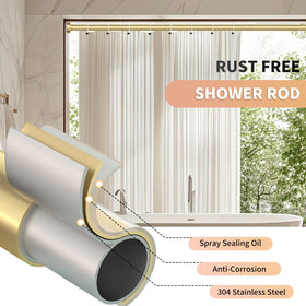 Emlaoe gold shower rod demonstrates no-drill installation between walls.