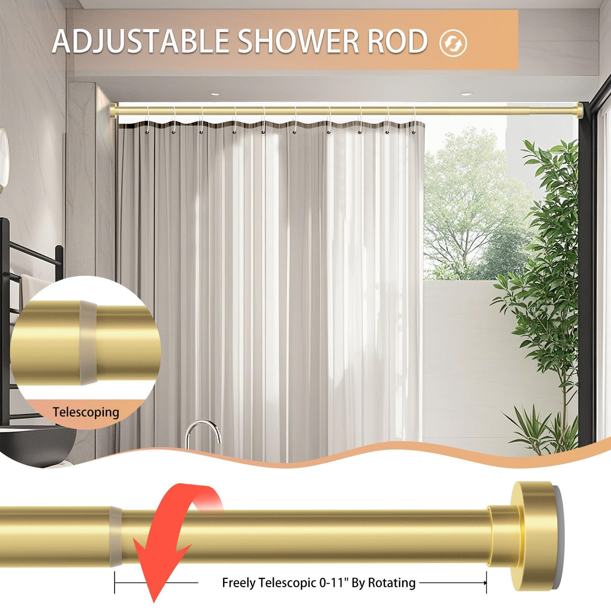 Emlaoe gold shower rod with non-slip pads delivers secure grip.
