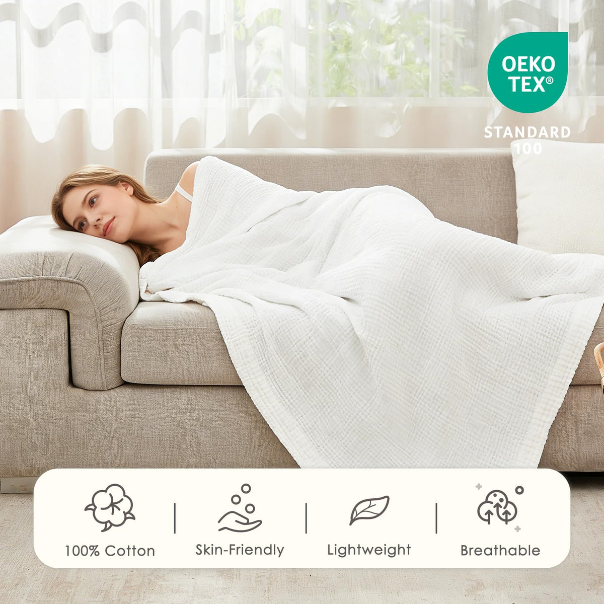 EMME blanket close-up texture reveals gentle, skin-friendly four-layer cotton
