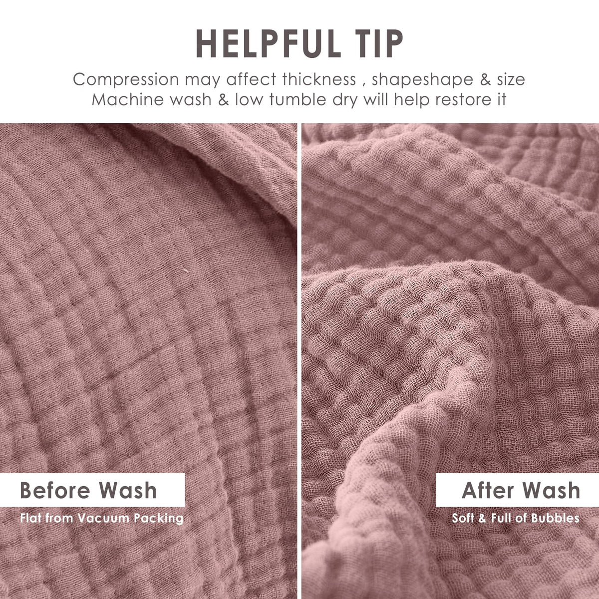 Care instructions for EMME muslin throw indicating cold wash.