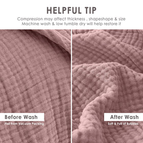 Care instructions for EMME muslin throw indicating cold wash.