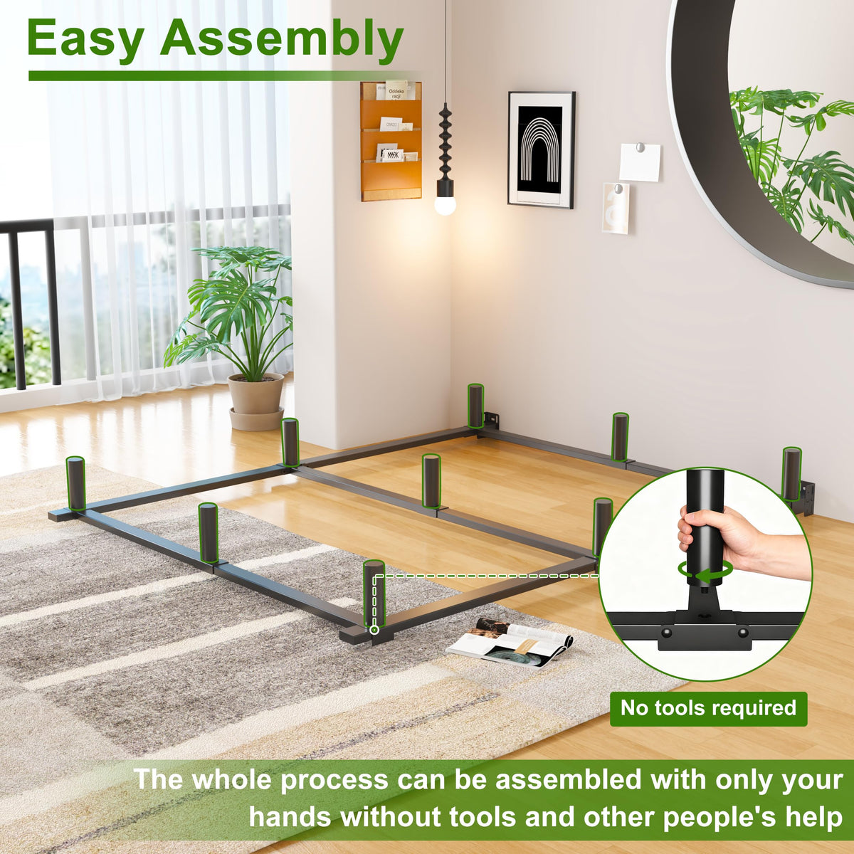 Sleek black metal finish complements contemporary bedroom décor.