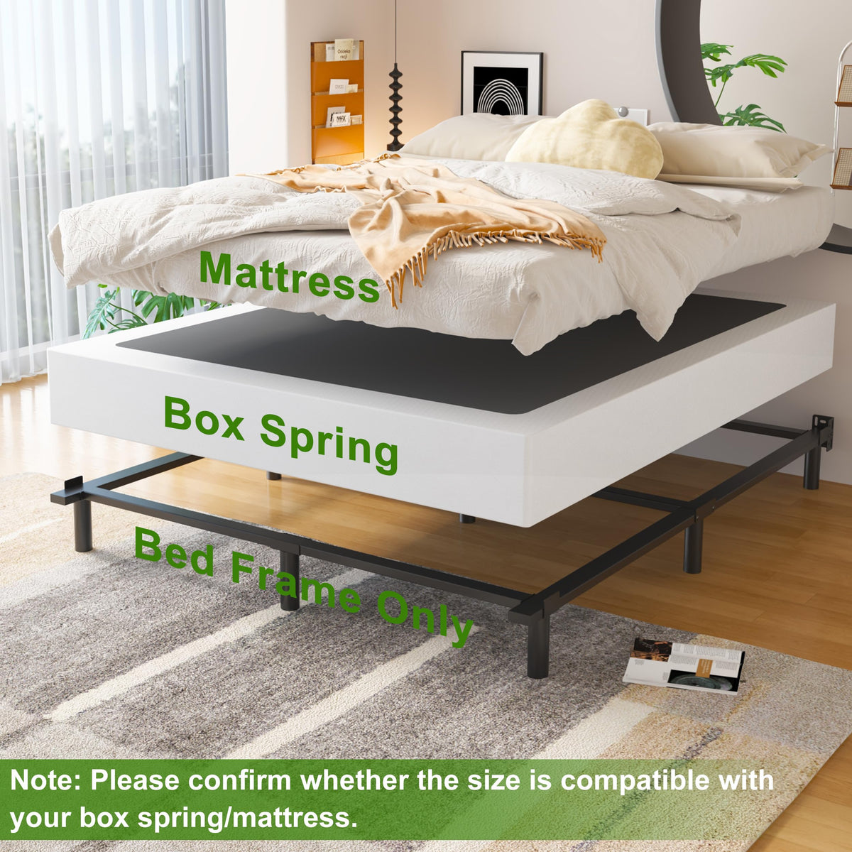EMODA queen frame fits standard box springs and mattresses for easy replacement.