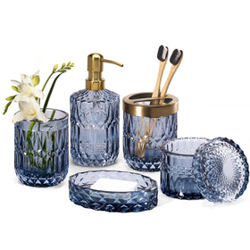 EMPO 6-piece bathroom set in clear glass with diamond-cut pattern for elegant organization
