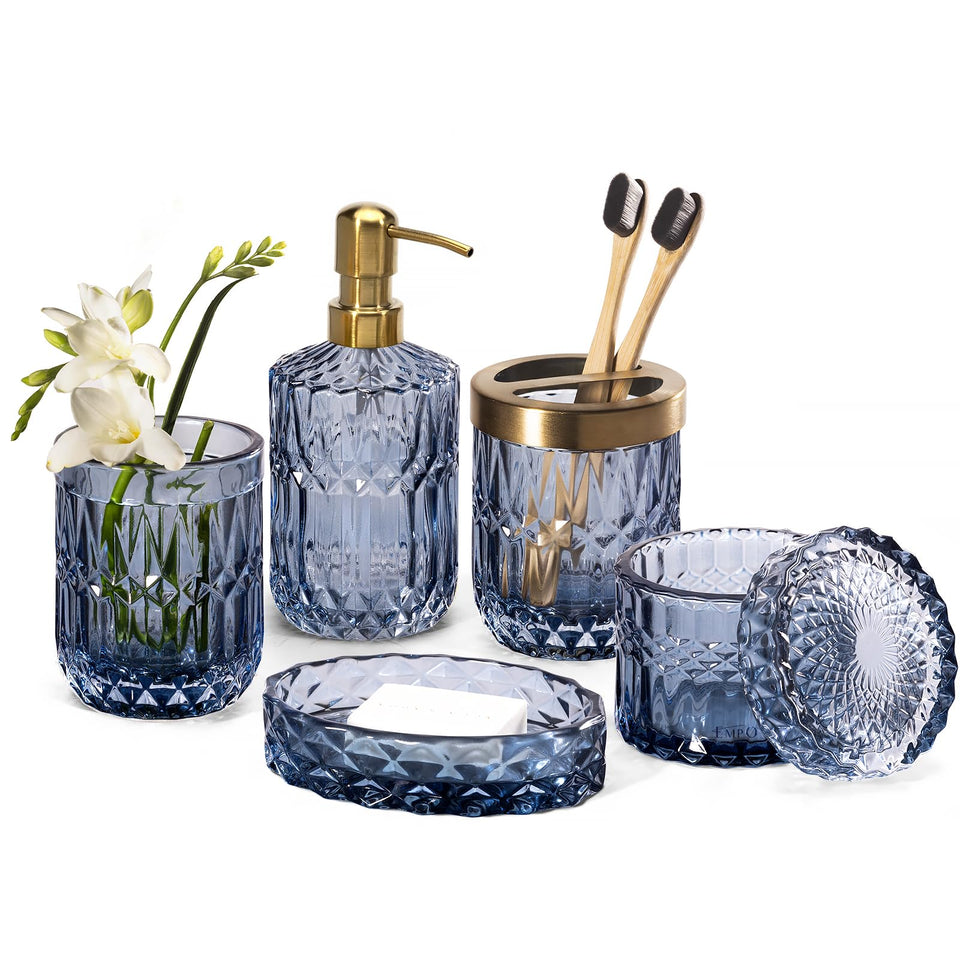 EMPO 6-piece bathroom set in clear glass with diamond-cut pattern for elegant organization