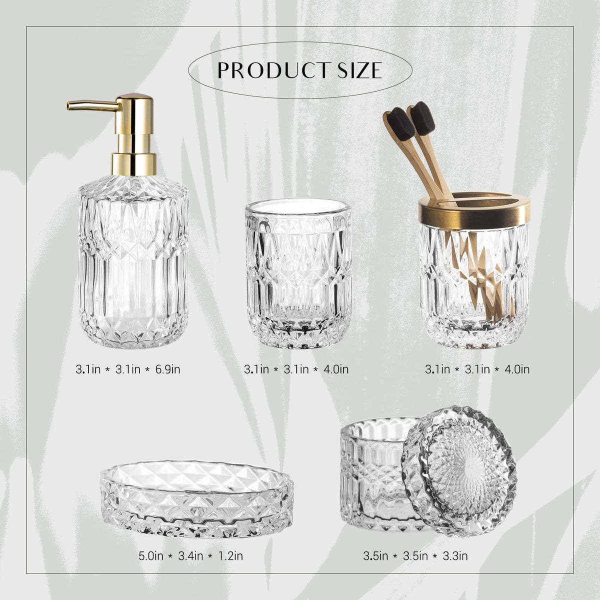 EMPO clear glass bathroom set displayed on a stylish vanity