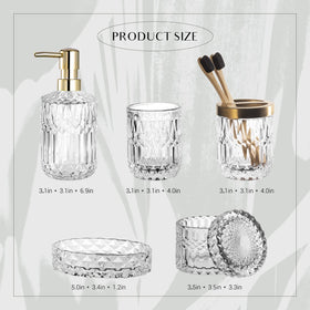 EMPO clear glass bathroom set displayed on a stylish vanity