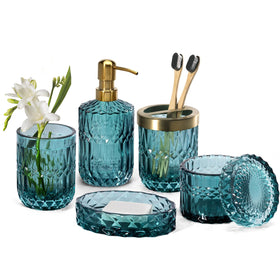EMPO teal glass lotion dispenser for elegant bathroom organization and easy use