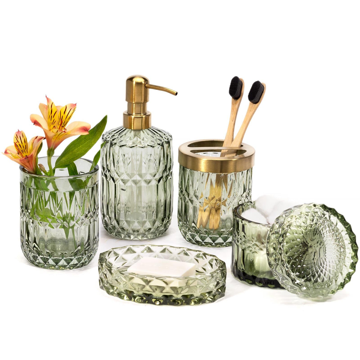 EMPO green glass lotion dispenser with crystal-cut finish for stylish bathroom organization