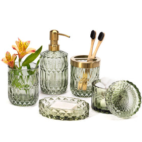 EMPO green glass lotion dispenser with crystal-cut finish for stylish bathroom organization