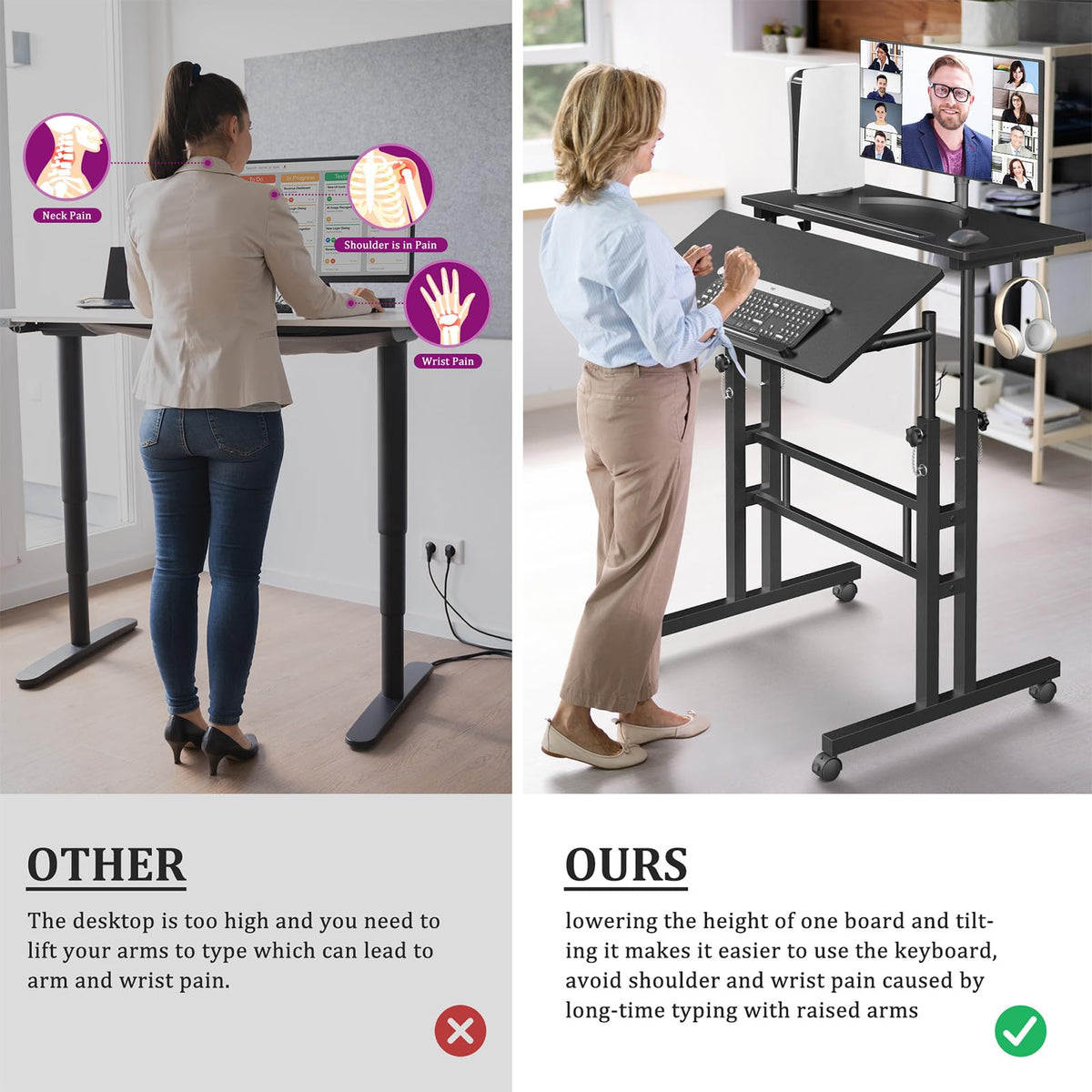Enayplon mobile standing desk with cup holder, side view, convenient beverage during work