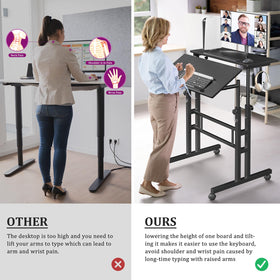 Enayplon mobile standing desk with cup holder, side view, convenient beverage during work