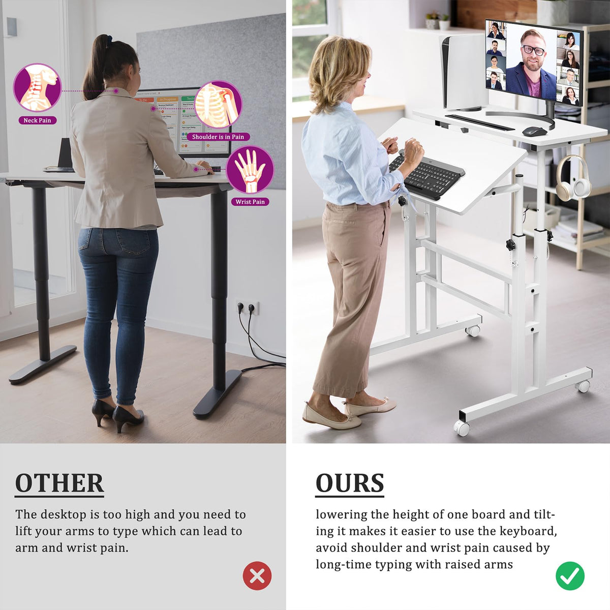 Enayplon mobile standing desk with cup holder for coffee breaks and easy access.