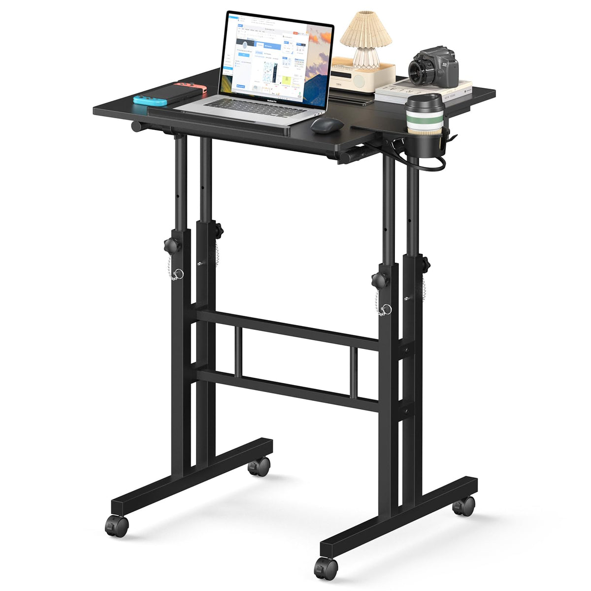 Enayplon small standing desk with wheels, front view, portable ergonomic workstation for on-the-go work