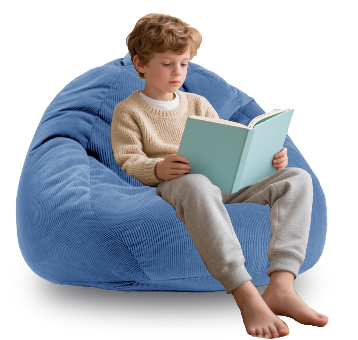ENBAOHUI 3ft memory foam bean bag with blue corduroy cover for cozy seating.