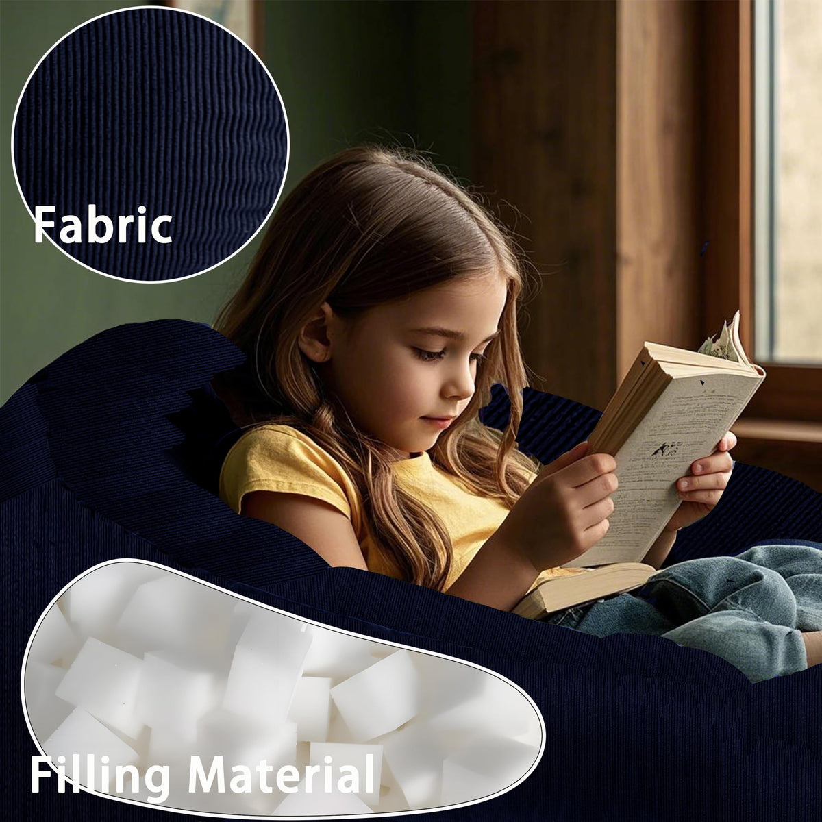 Soft corduroy navy cover provides a cozy feel and easy cleaning