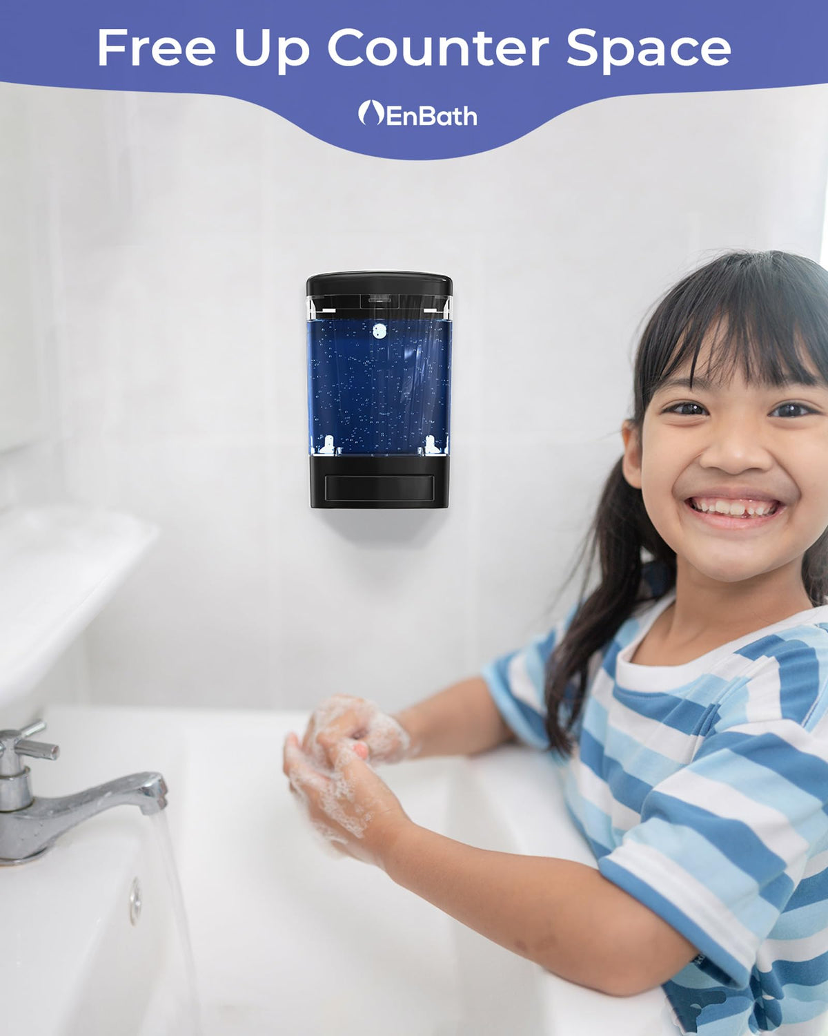 EnBath dispenser with screws or tape allows flexible mounting.