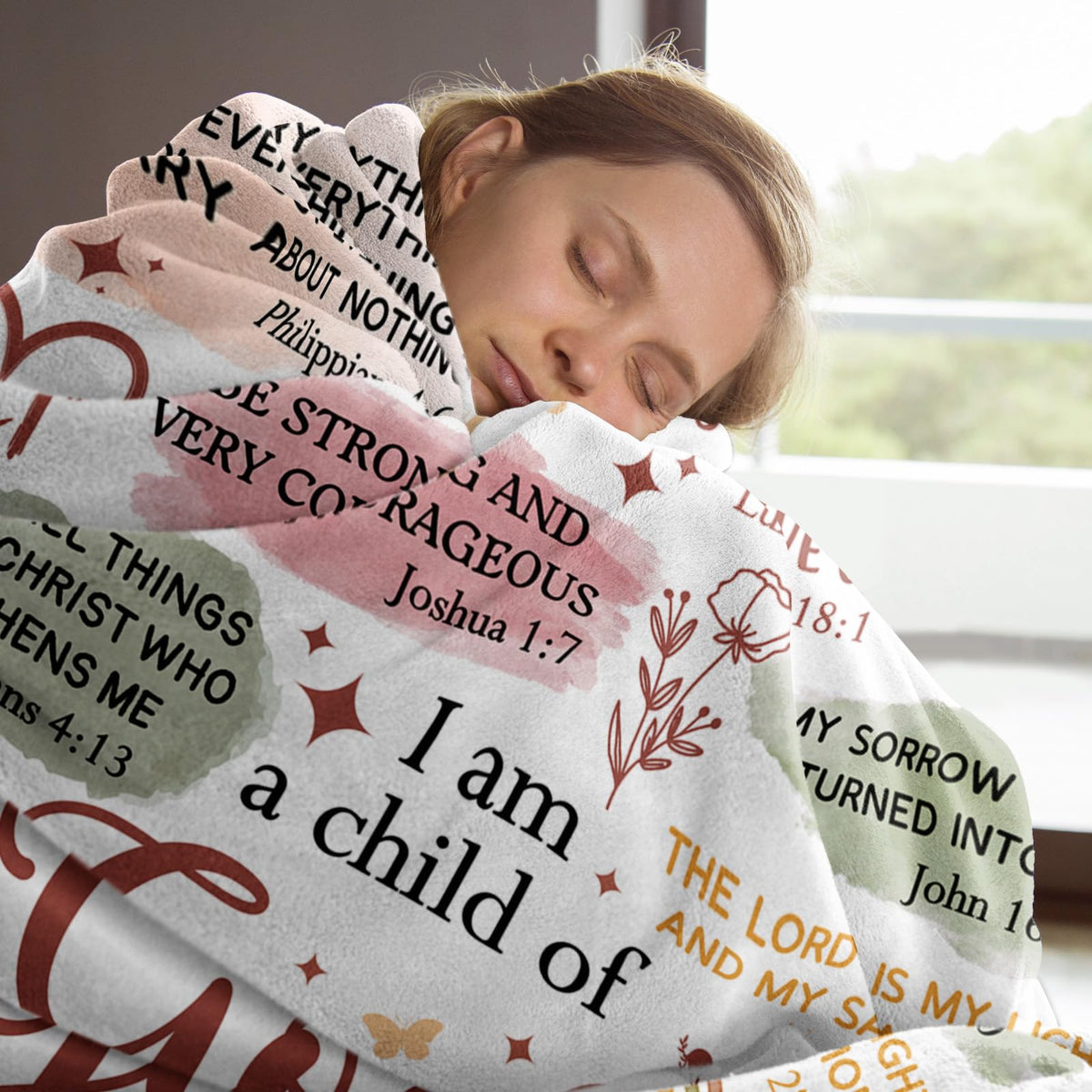 Encoink I Am a Child of God blanket shown on a sofa for warmth