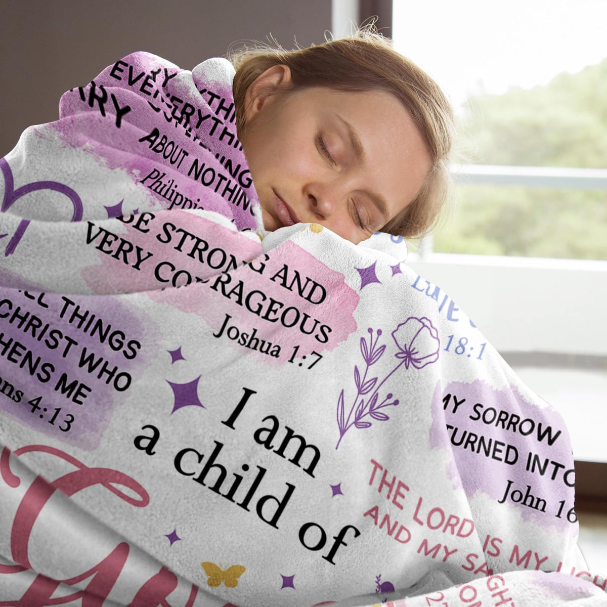 Encoink I Am a Child of God blanket close-up highlights inspirational verses and soft fabric.