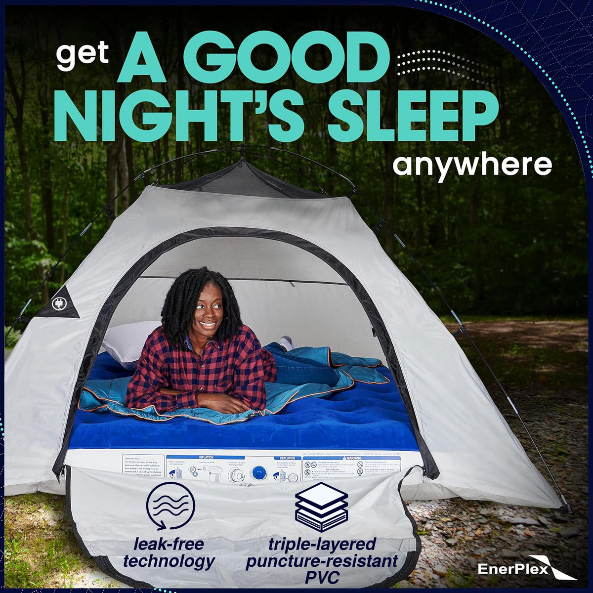 EnerPlex blue air mattress ideal for guests and camping.