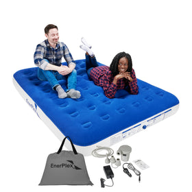 EnerPlex camping air mattress built-in pump, queen size, ready for setup.