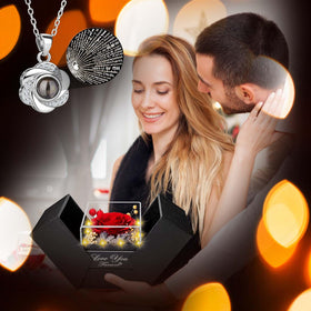 ENERLEAF I Love You necklace in 100 languages alongside the rose