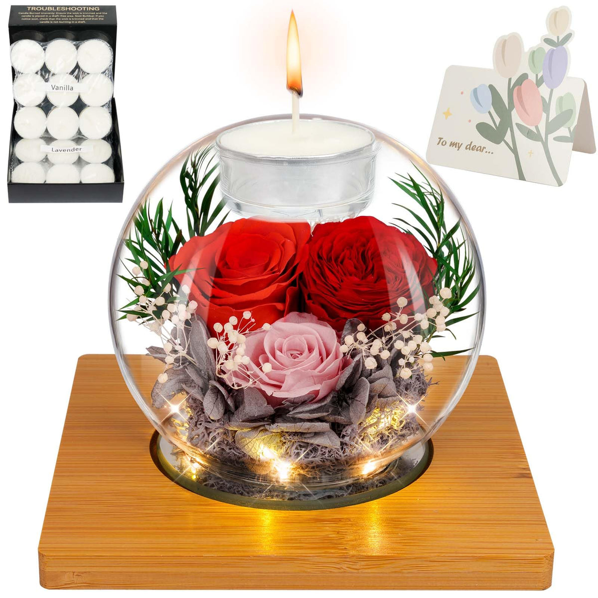 ENERLEAF preserved rose in glass dome with LED base, an elegant romantic centerpiece.