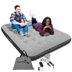 EnerPlex camping air mattress built-in pump, queen size, for quick setup on outdoor trips.