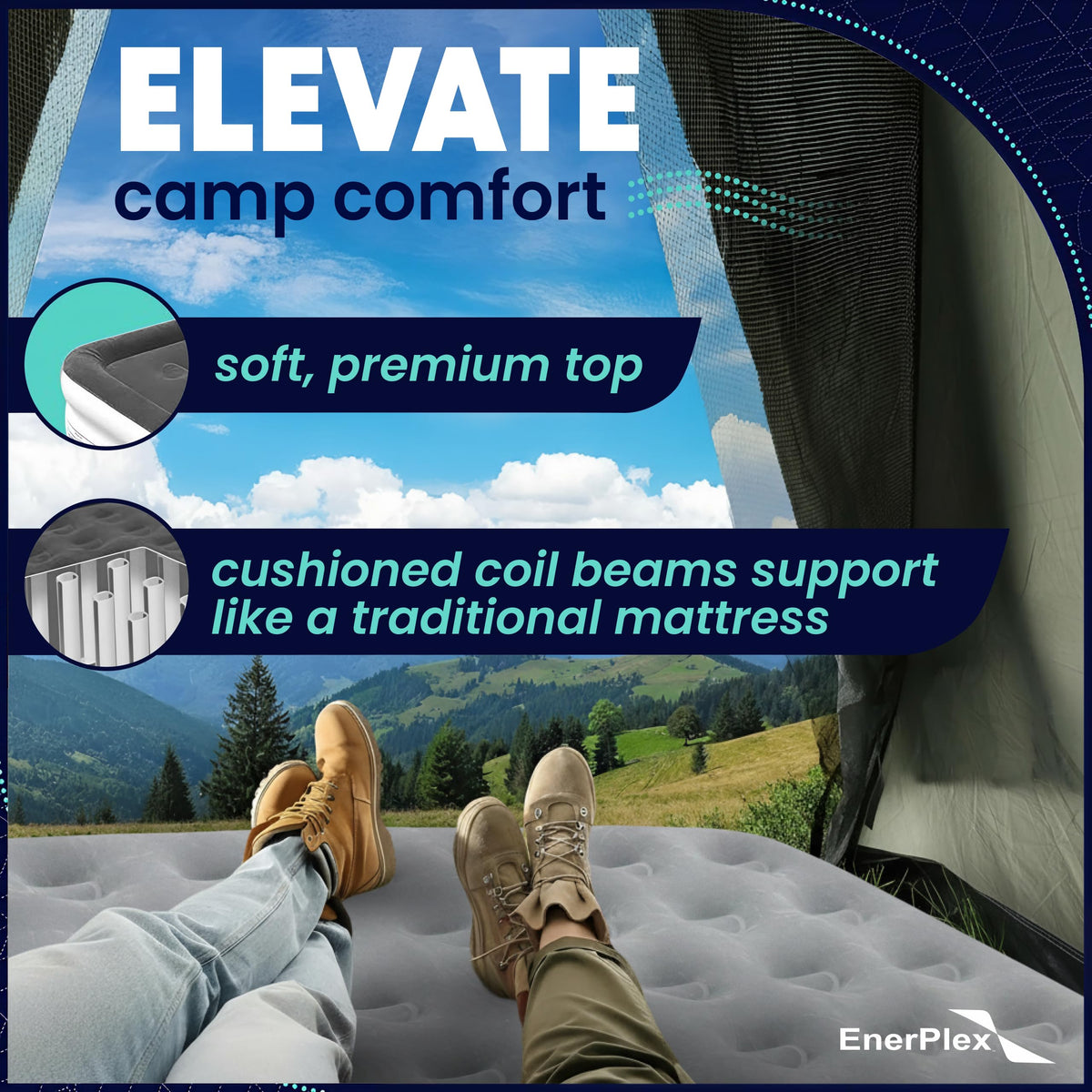 EnerPlex welded seams increase durability on rough terrains and camping sites.