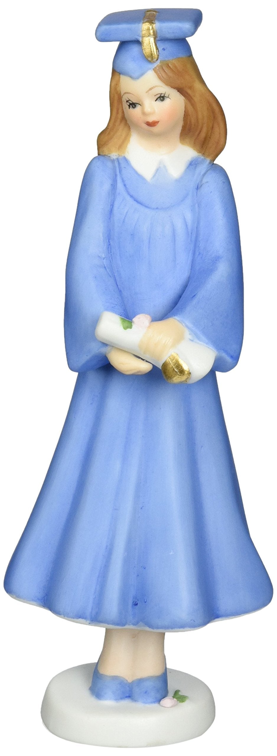 Enesco Growing Up Girls brunette graduate porcelain figurine in blue cap and gown, a timeless milestone keepsake.