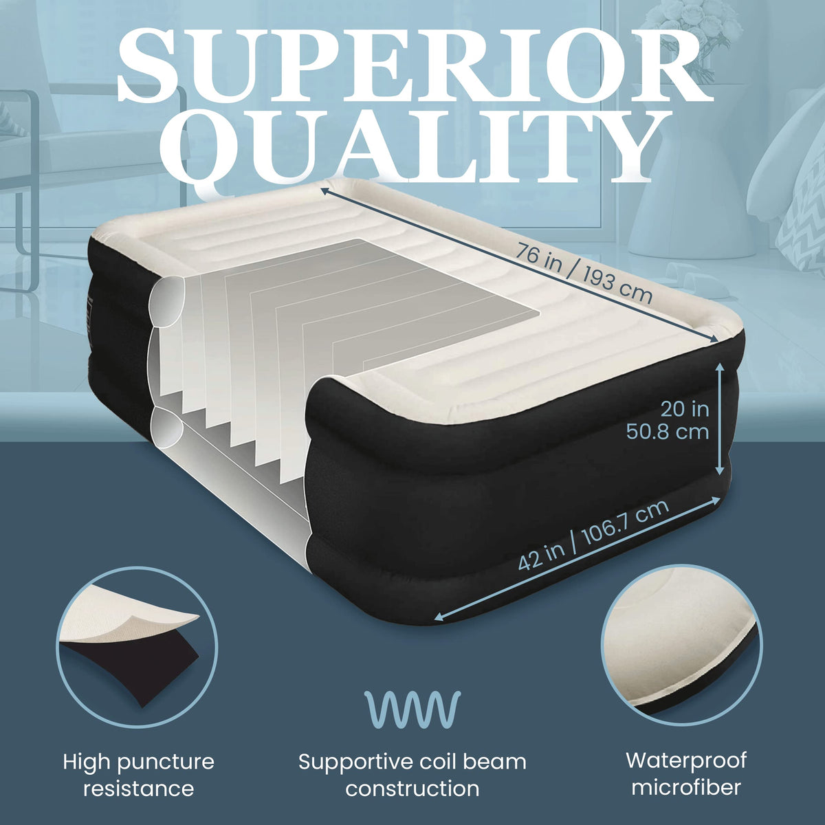 Englander Twin Air Mattress waterproof microfiber resists spills and damp conditions.