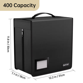 ENGPOW Fireproof CD Case opened to reveal 400-disc capacity pages for easy access.
