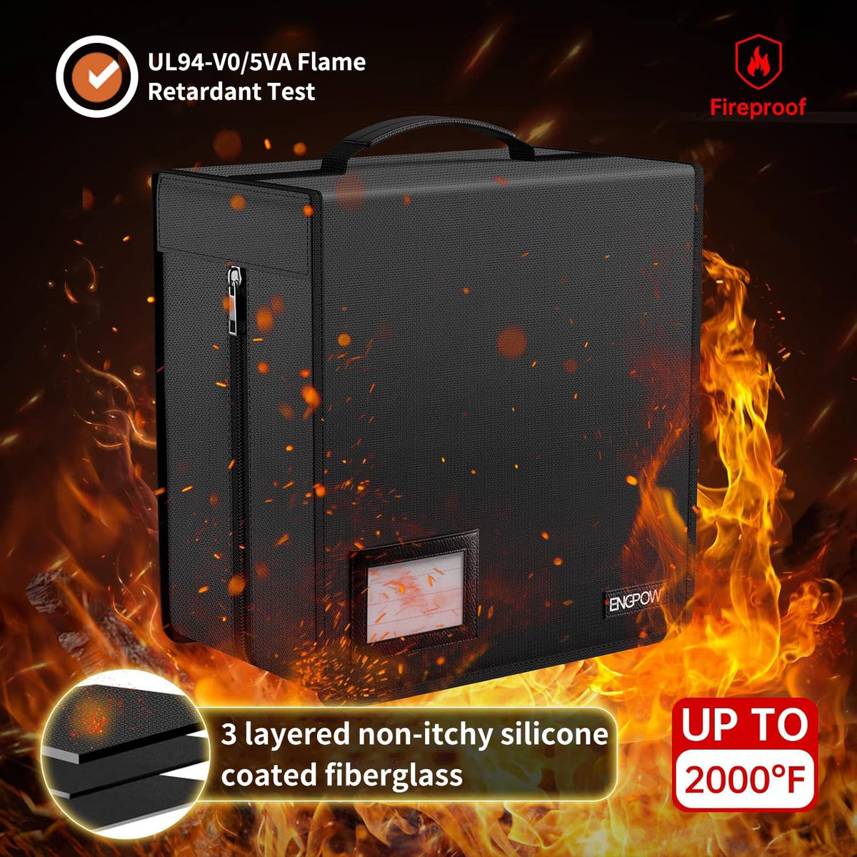 ENGPOW Fireproof materials featuring fiberglass and silicone coating for heat resistance.