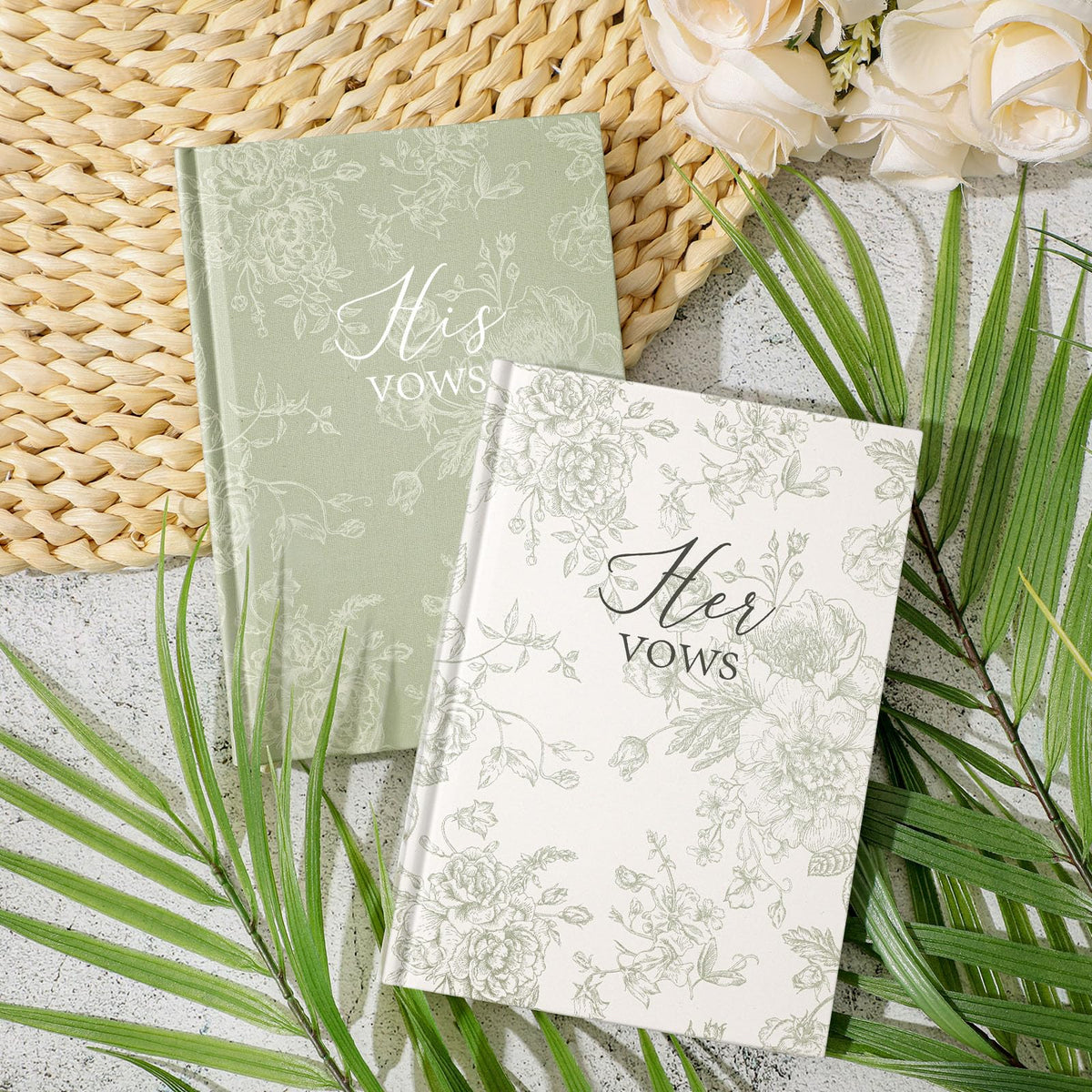 Engrowtic vow book close-up showing green toile pattern.