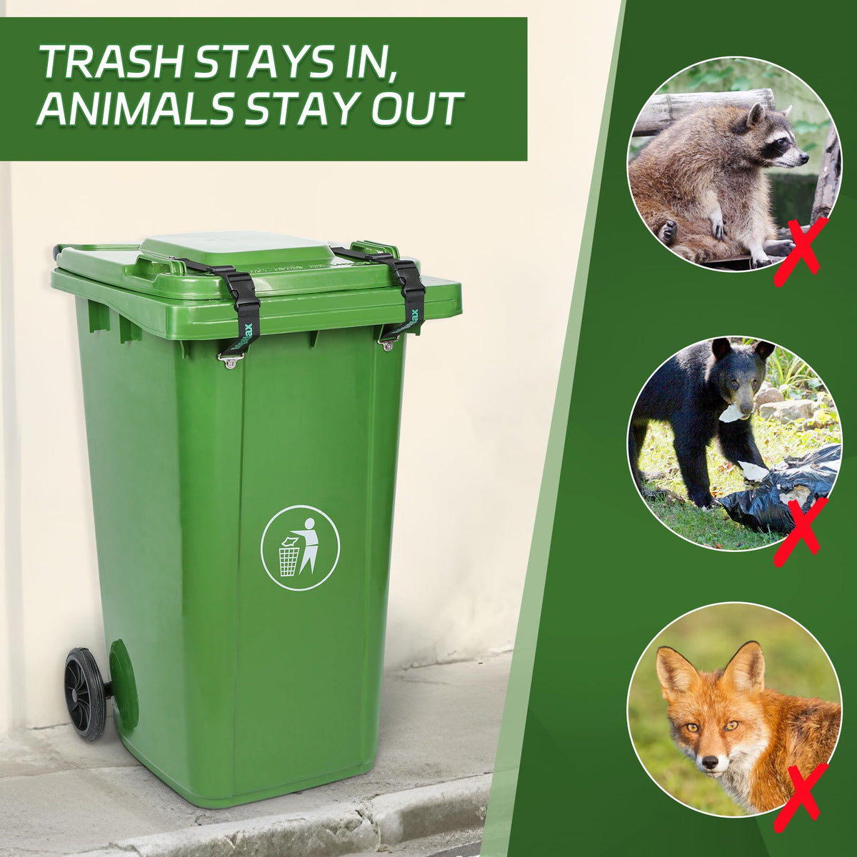 EnigaRlax adjustable trash can lock fitting a range of bin sizes