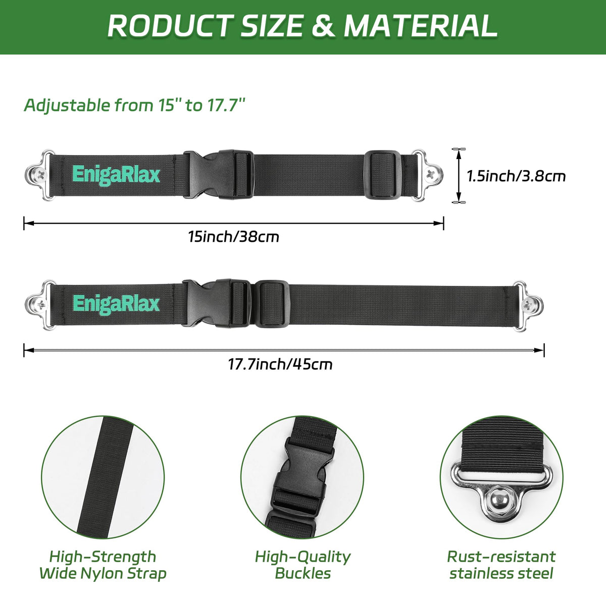 Close-up of EnigaRlax nylon straps and stainless hardware for durability