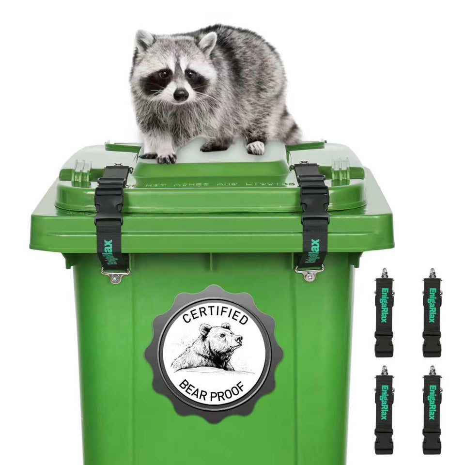 EnigaRlax raccoon-proof locks mounted on a trash can lid to deter wildlife
