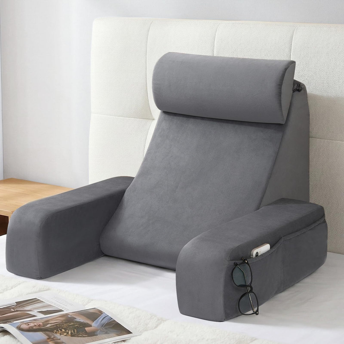 ENITYA 19-Inch back support pillow with attached arms for stable lounging