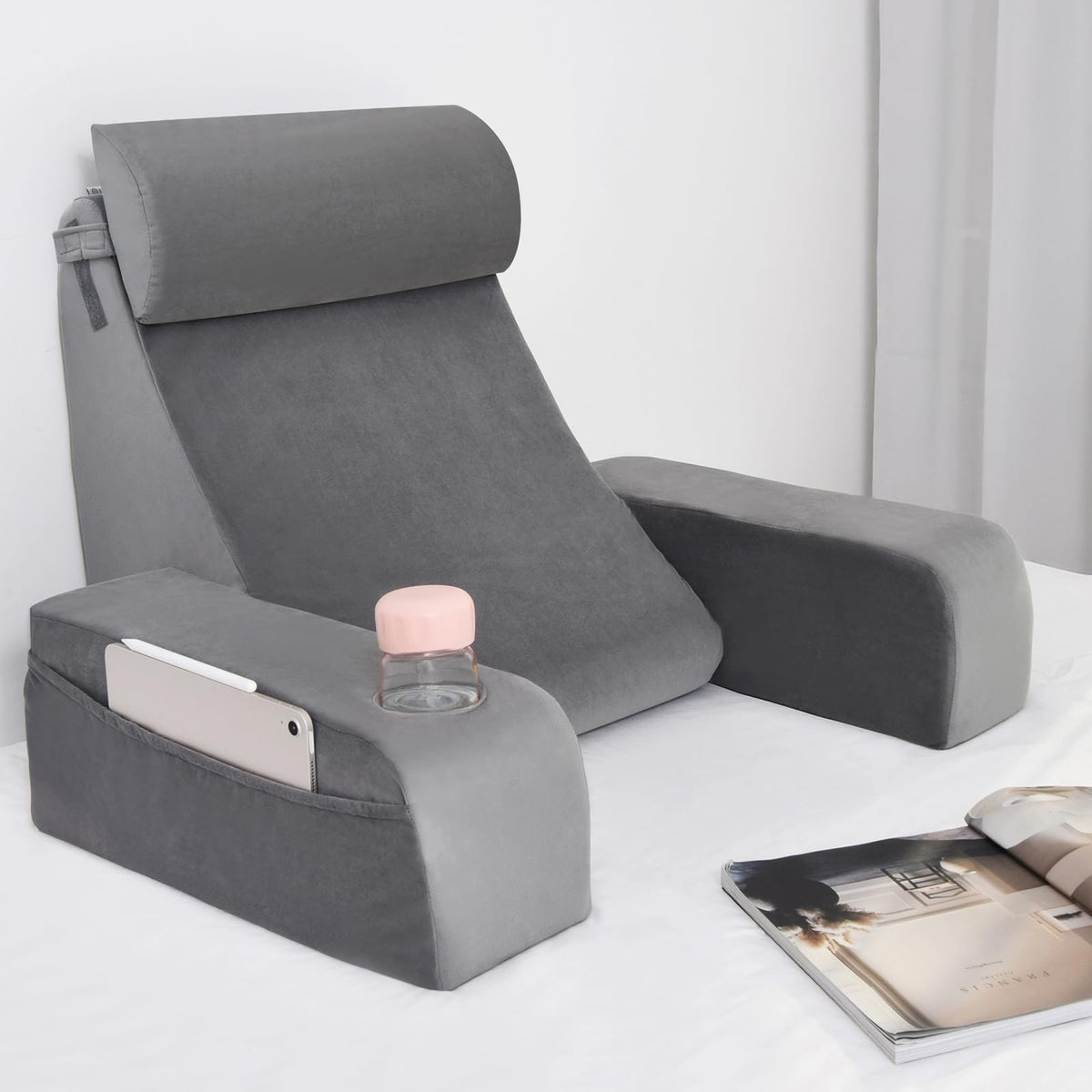ENITYA 19-inch back support pillow with cup holder for easy drink access.