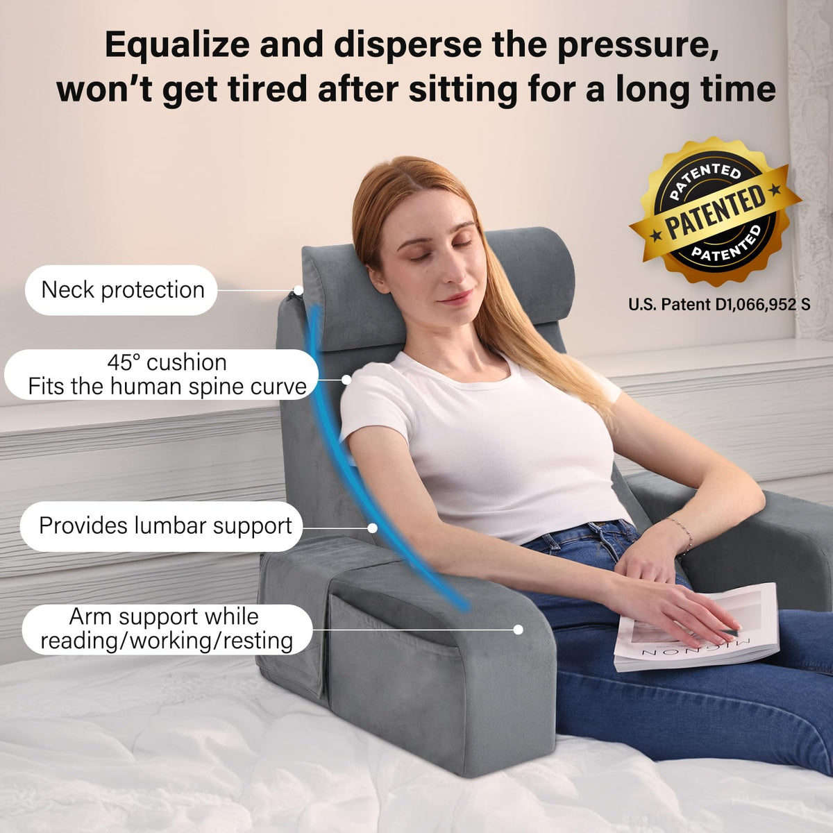 ENITYA 45-degree backrest supports neck and shoulders for comfort