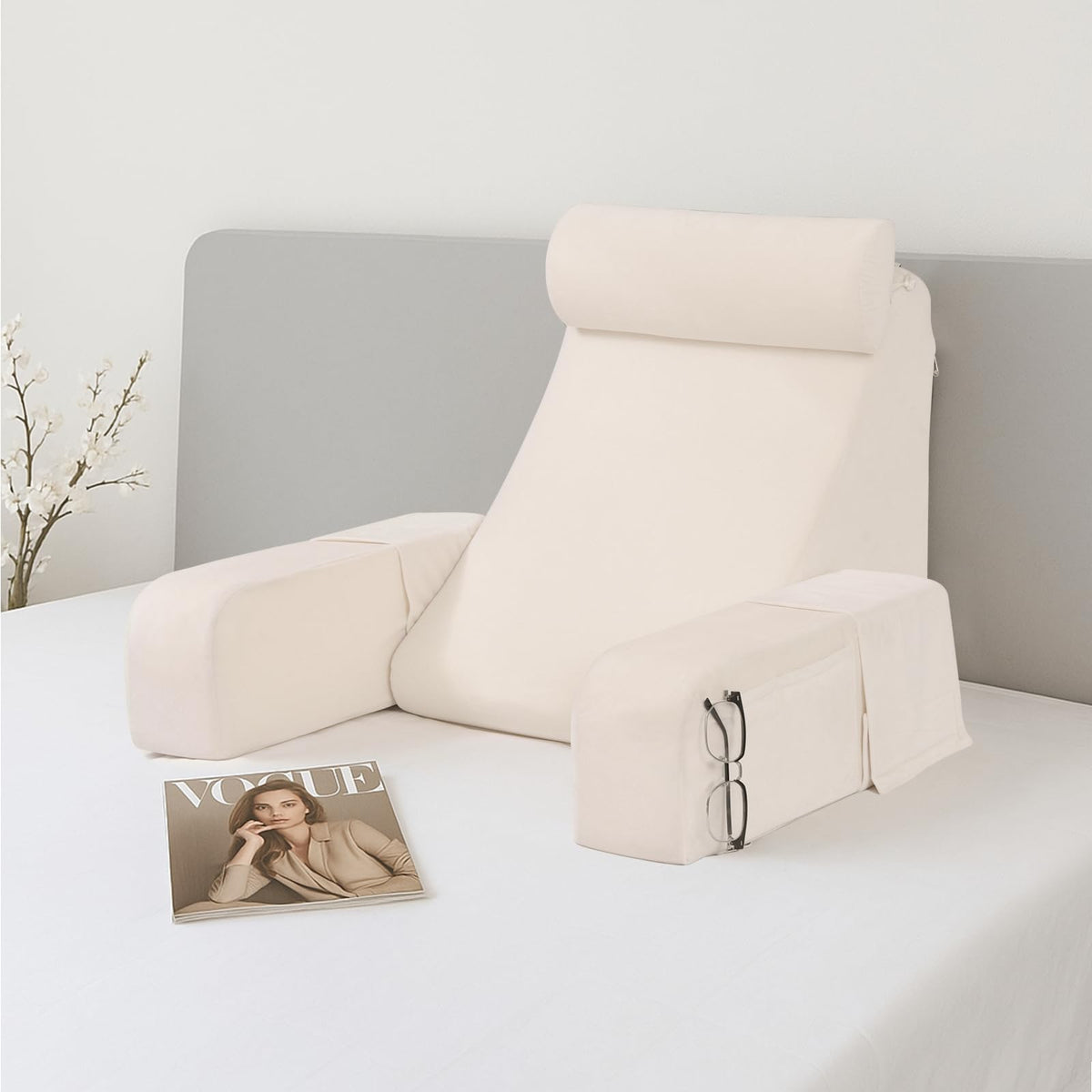 ENITYA back pillow with angled backrest supports neck comfort for reading in bed.