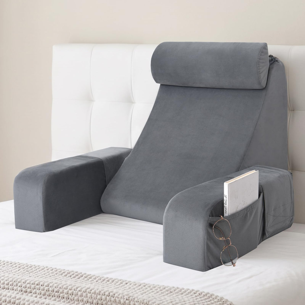 ENITYA back pillow on bed with armrests and pockets for convenient storage