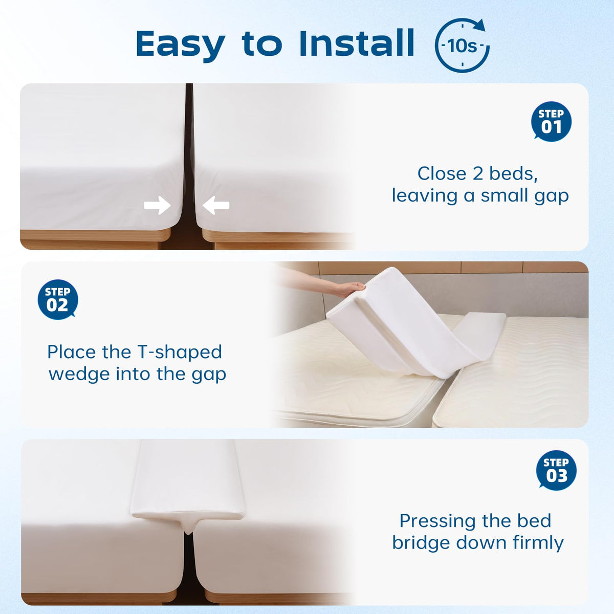 ENITYA bed bridge with T-wedge design prevents sagging and shifting.
