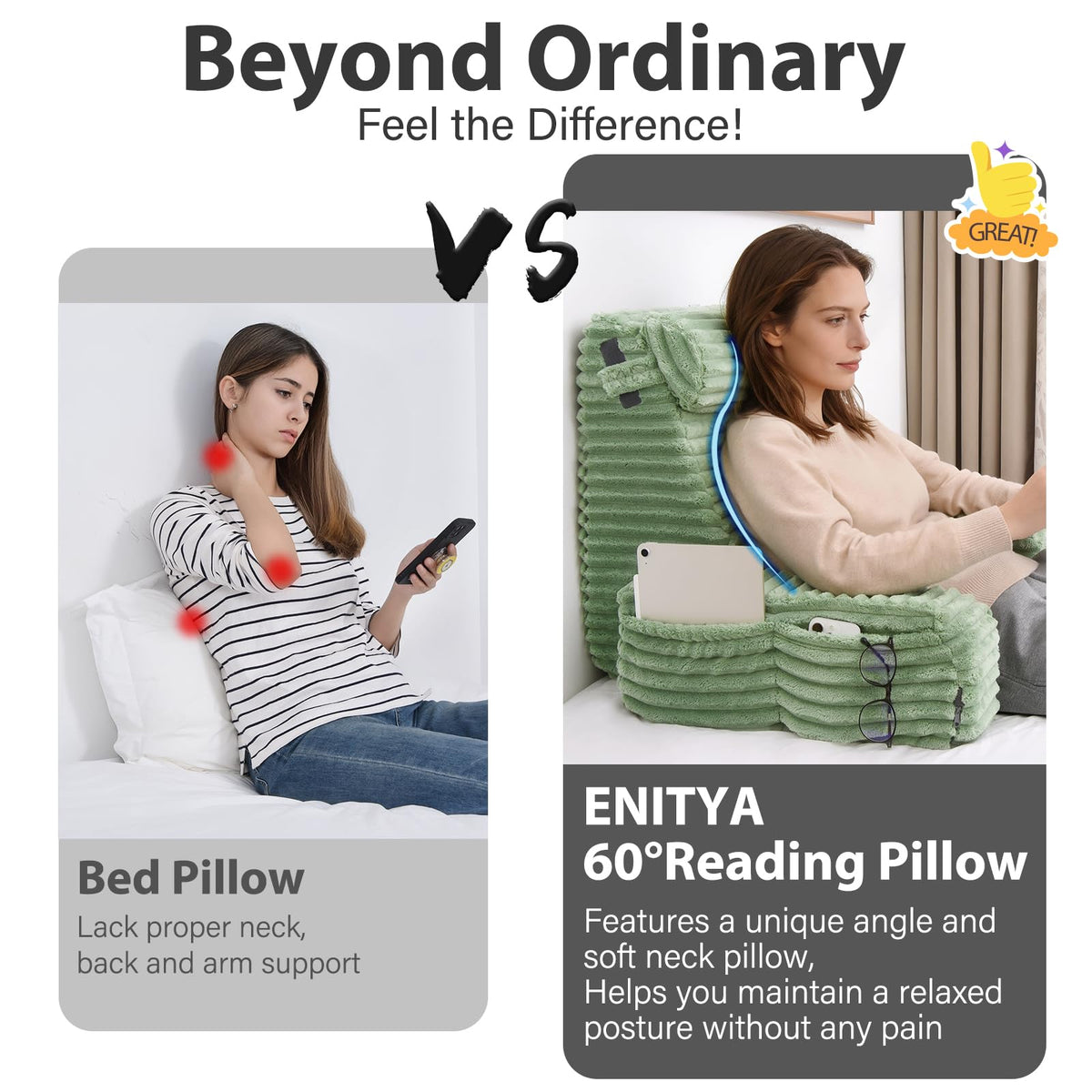 Ergonomic 60-degree design supports head, neck, and back